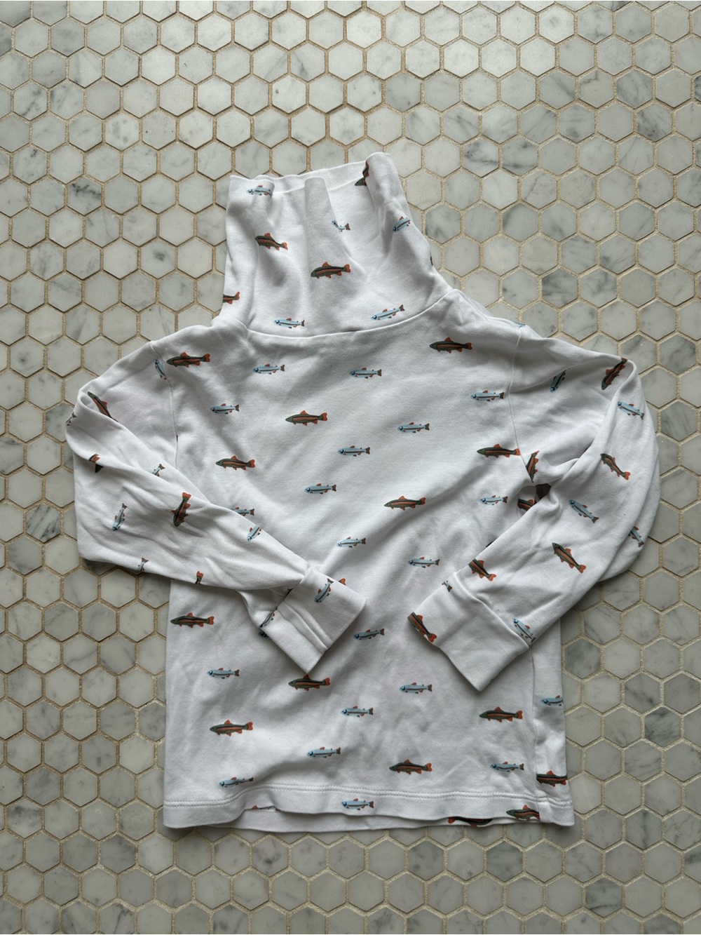 Little English White Long-Sleeve Hoodie with Fish Print